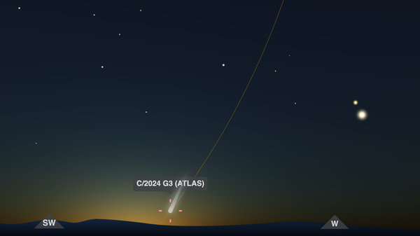 Night Sky Map for Sydney showing Comet C/2024 G3 on Jan 18, 2025, plus Venus and Saturn. The size of objects has been exaggerated to show their positions more clearly.