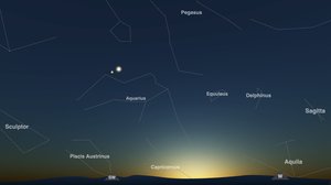 Screenshot from our Night Sky Map for New York at 17:30 on January 18, 2025—bright Venus lies close to the fainter Saturn above the southwestern horizon.