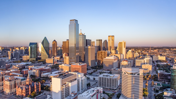 Scenic skyline with skyscrapers in the late afternoon in Dallas, Texas, USA.