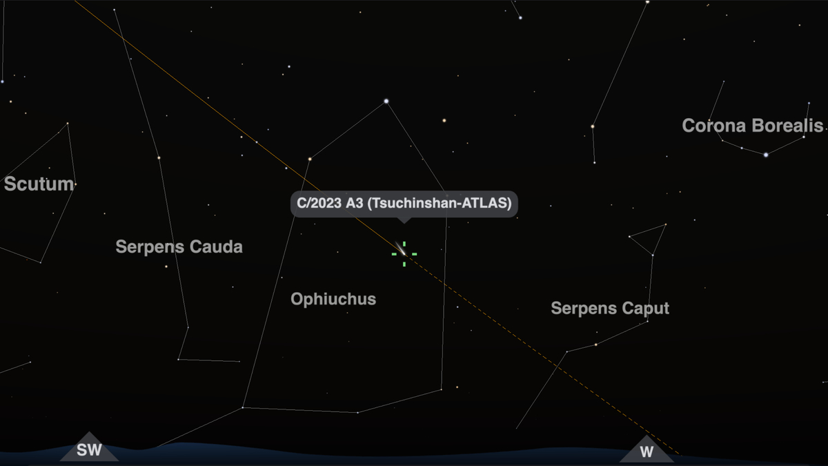 The position of Comet C/2023 A3 (Tsuchinshan-ATLAS) is shown on timeanddate.com's Night Sky Map for London at 20:00 (8 pm) local time on October 22, 2024.