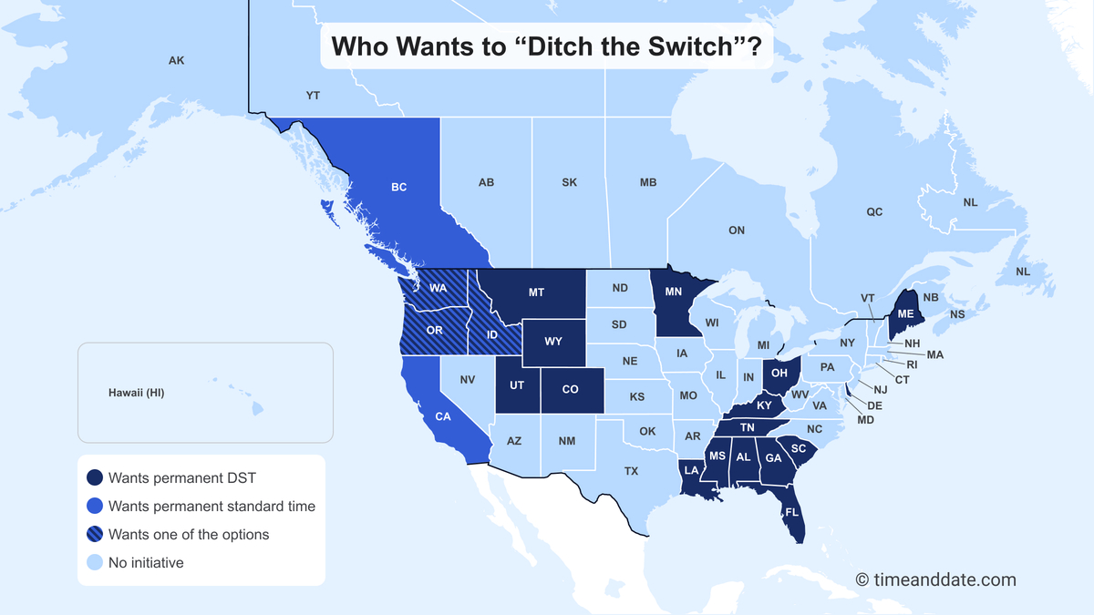 US map showing all the states color coded based on who wants standard time, DST, either of these or no initiative.