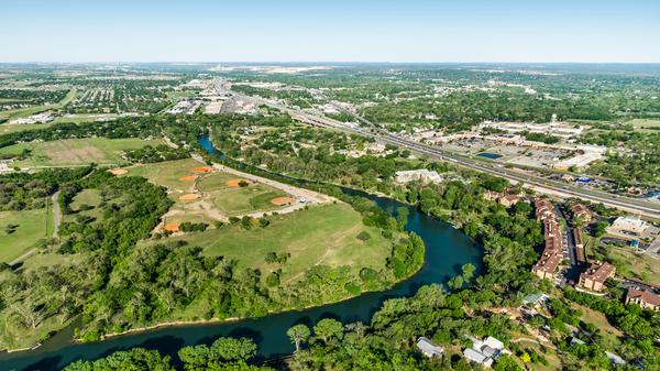 An aerial view looking toward New Braunfels, Texas.