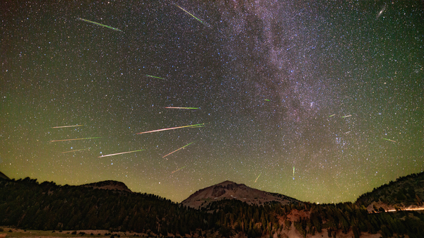 A composite image showing 18 meteors from the Perseid Meteor Shower.