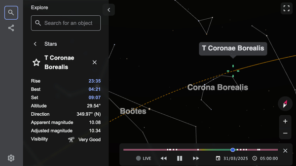 timeanddate.com’s Night Sky Map shows the position of T Coronae Borealis, as seen from Sydney at 05:00 local time on March 31, 2025.