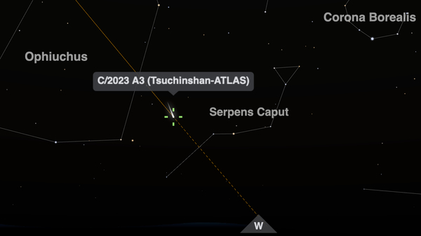 Image from timeanddate.com’s Night Sky Map showing Comet C/2023 A3 (Tsuchinshan-ATLAS), as seen from New York at 20:00 on October 18, 2024.