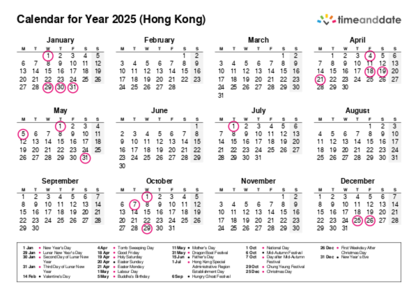 Calendar for 2025 in Hong Kong