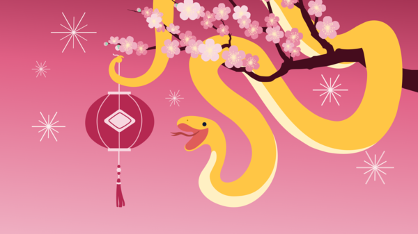 Illustration of a yellow snake winding around a tree branch with blossoming flowers and an Asian style lantern.