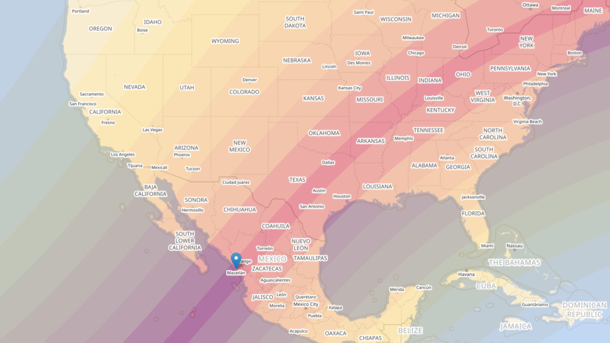 A map of the solar eclipse across North America on April 8, 2024, with the city of Mazatlán highlighted