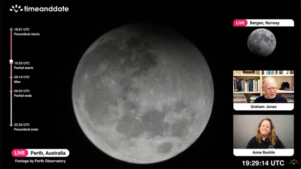 Screenshot from a lunar eclipse live stream on YouTube with two images of the Full Moon, and two images of the hosts Anne Buckle and Graham Jones.