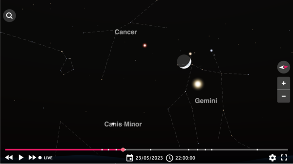 The timeanddate Night Sky Map for New York showing (from left to right) Mars, the Moon, and Venus.