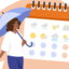 Illustration of a woman holding an umbrella, standing next to a calendar.