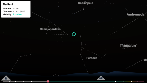 Night Sky Map image showing the position of the Perseids meteor shower radiant (New York, August 11, 2024, 23:00 local time)