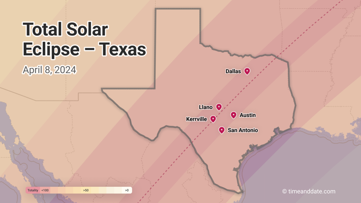 Map illustration of eclipse path going through Texas, April 8 2024.